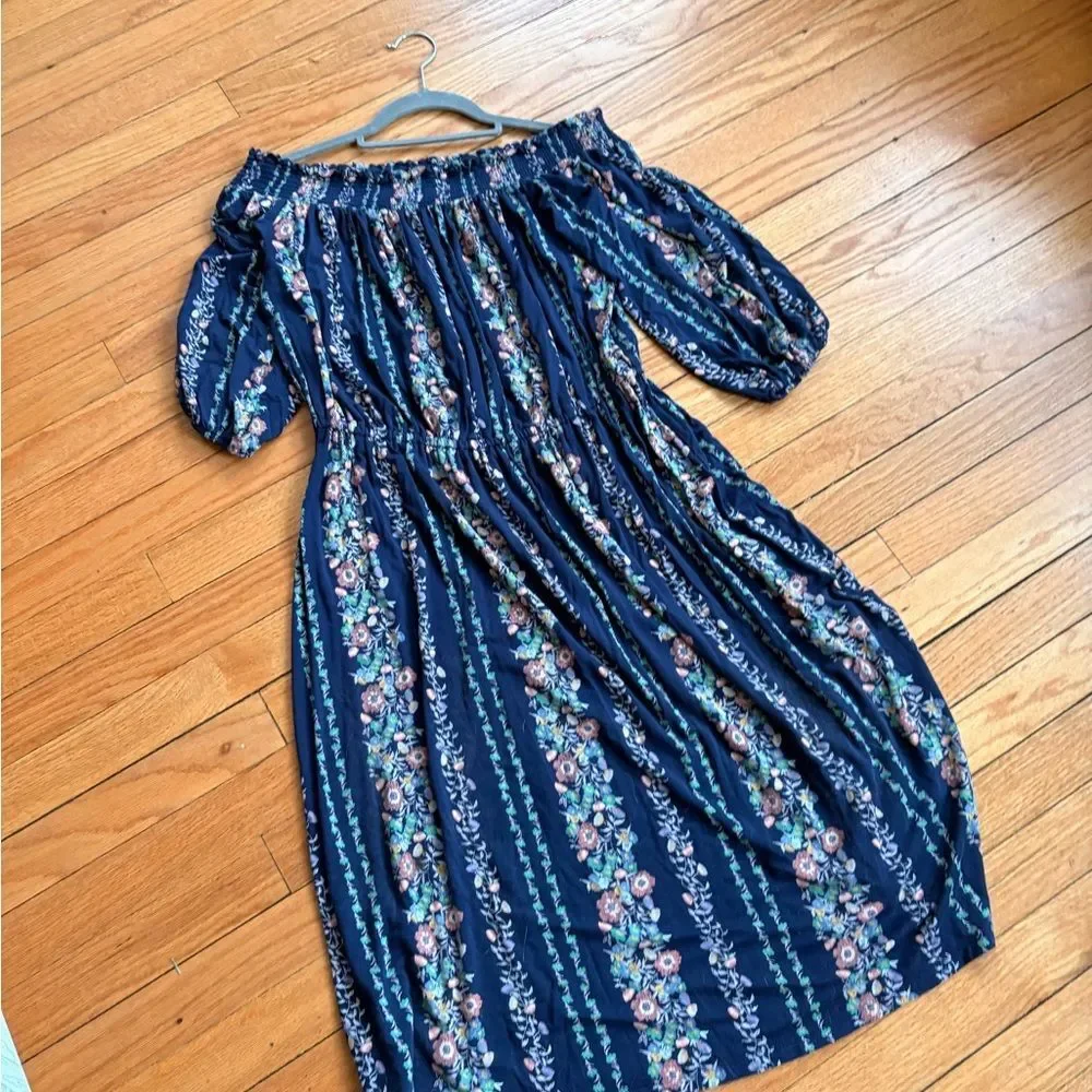 Old Navy Navy Floral Long Sleeve Off the Shoulder Dress Size Medium